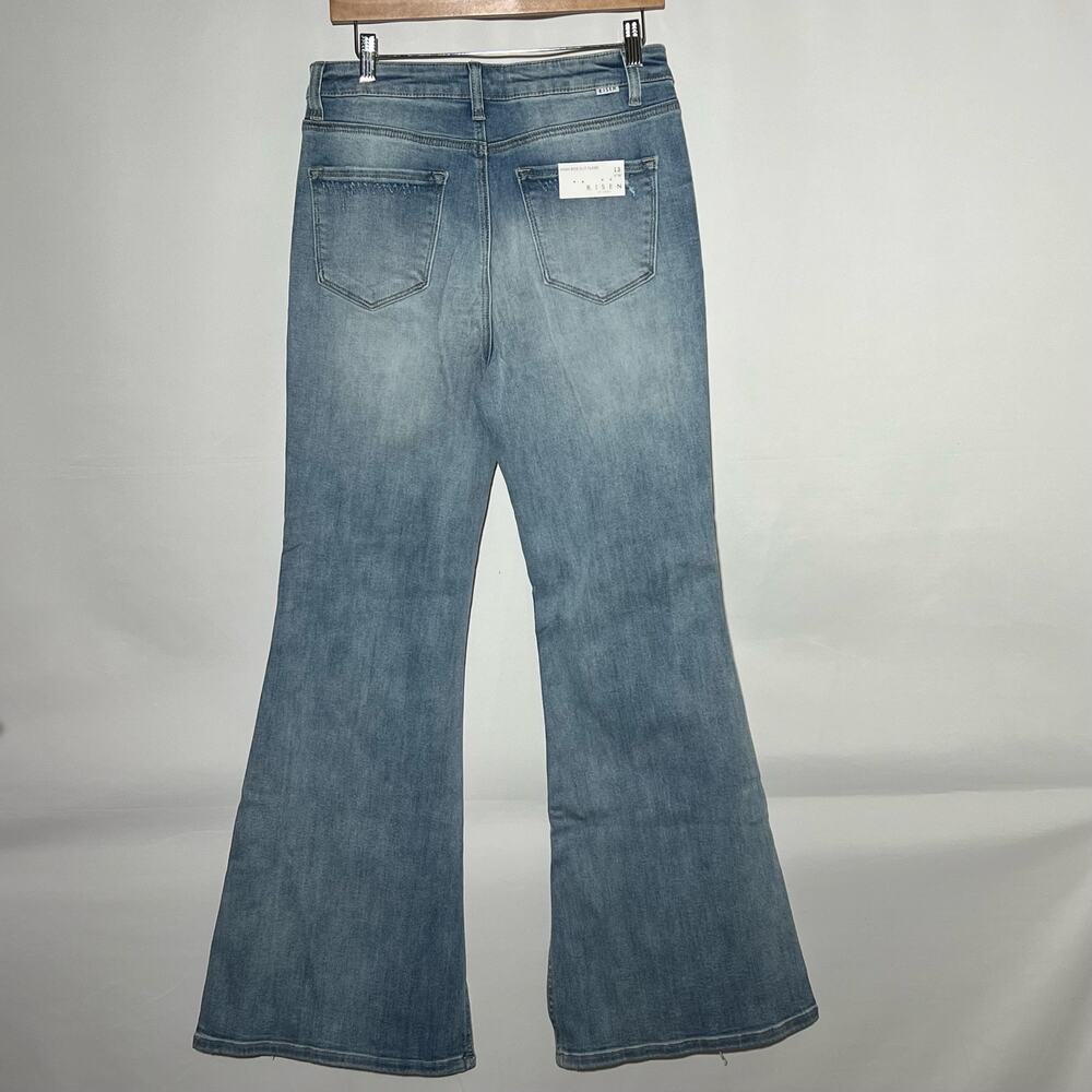 Risen High Rise Distressed Frayed Hem Flare Leg Blue Womens Size 31 - Picture 5 of 14